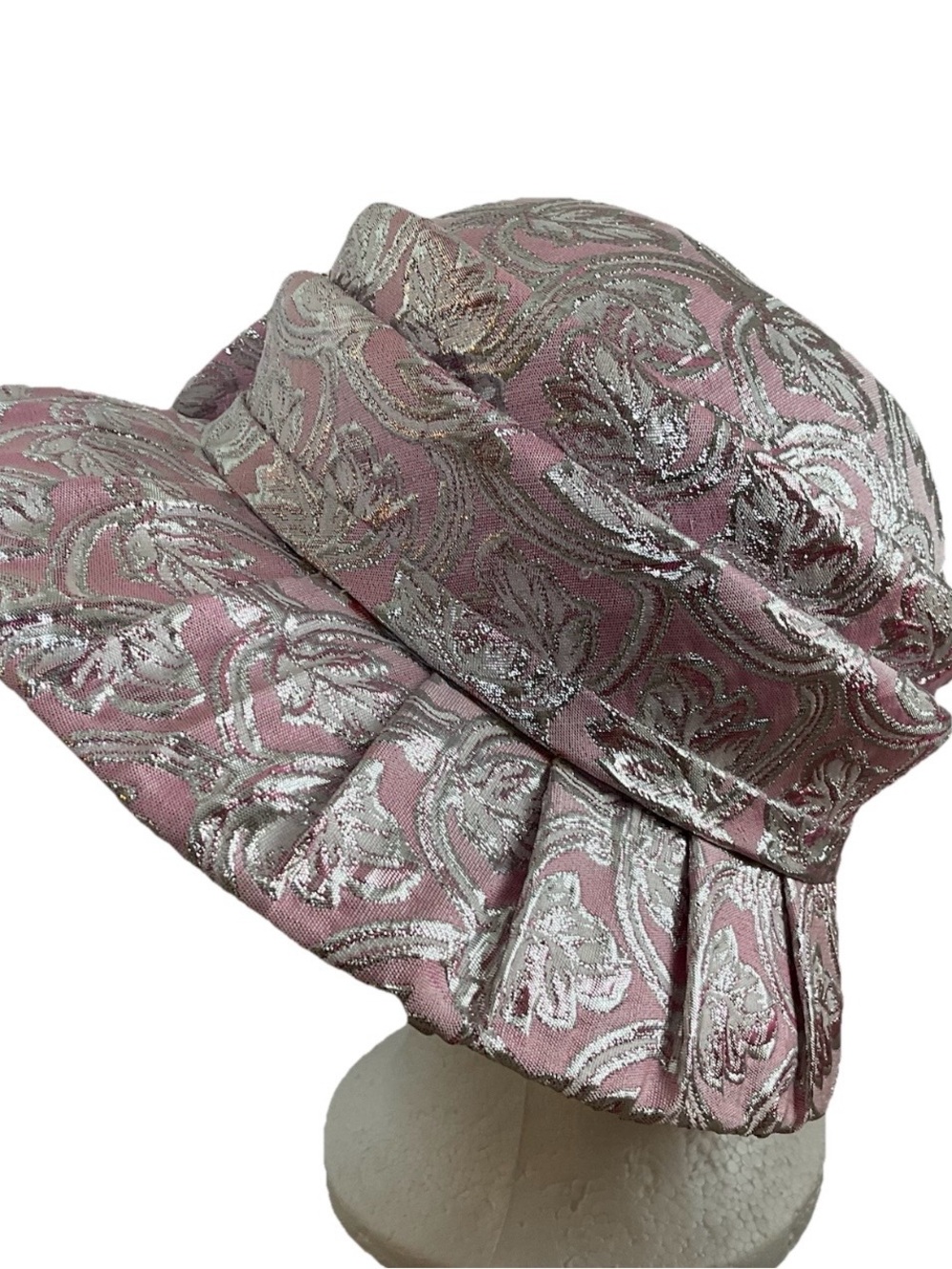 Mr Hi’s Classic Pink w/ Silver Metallic Hat w/Brooch ~Floral ~Church Hat - Picture 10 of 13